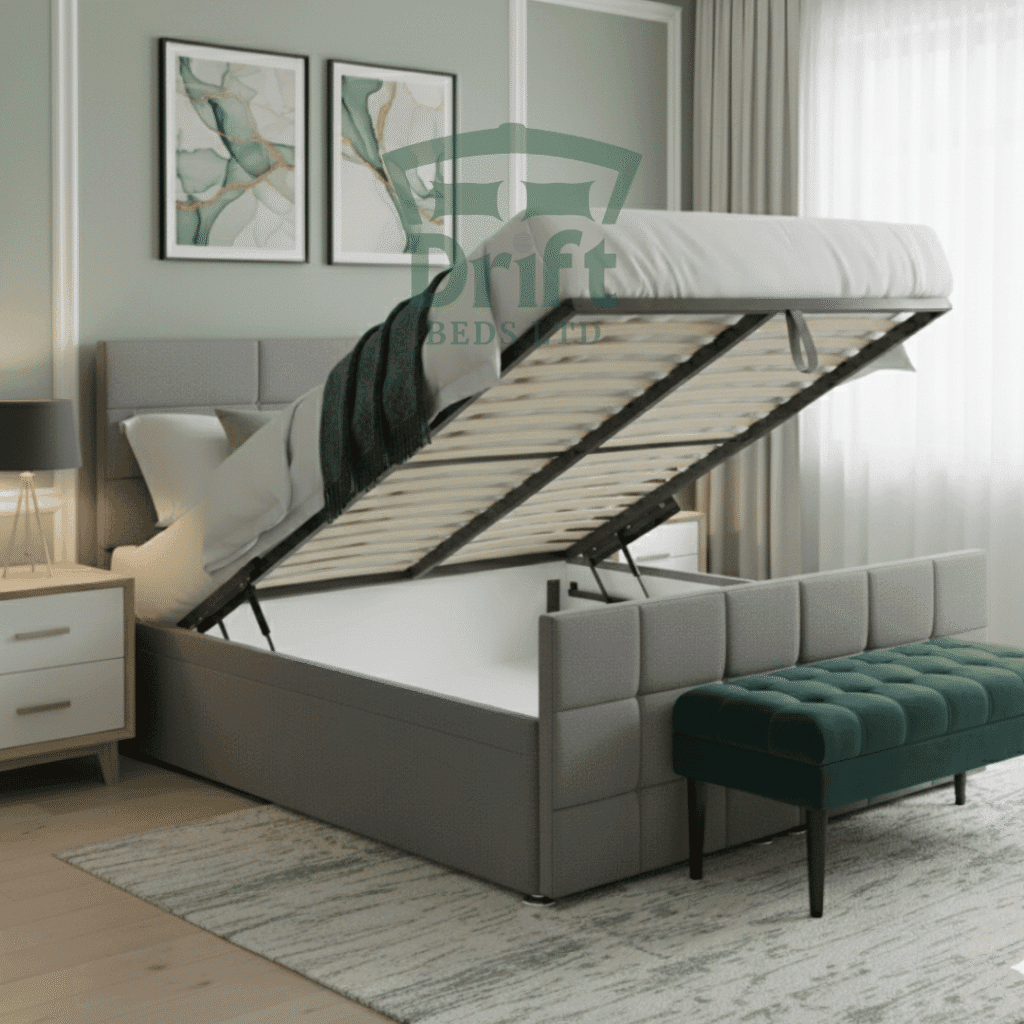 Durham Cube Upholstered Gas-Lift Ottoman Bed in Grey Weave Fabric Grey Durham Ottoman bed with mattress lifted, showing spacious under-bed storage and cube-paneled headboard.