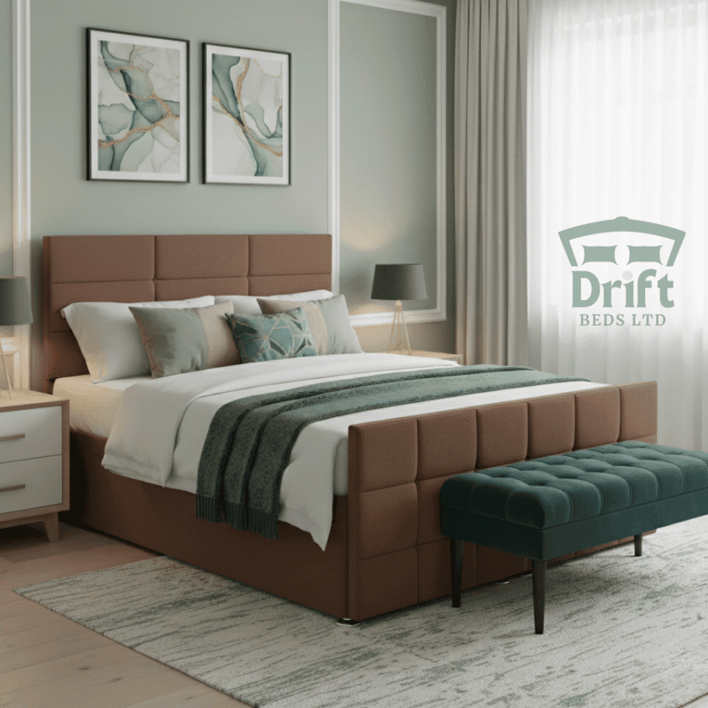 Rich Mink/Brown upholstered Durham Ottoman bed, cube design, emphasizing the potential for deep, discrete storage.