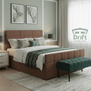 Rich Mink/Brown upholstered Durham Ottoman bed, cube design, emphasizing the potential for deep, discrete storage.