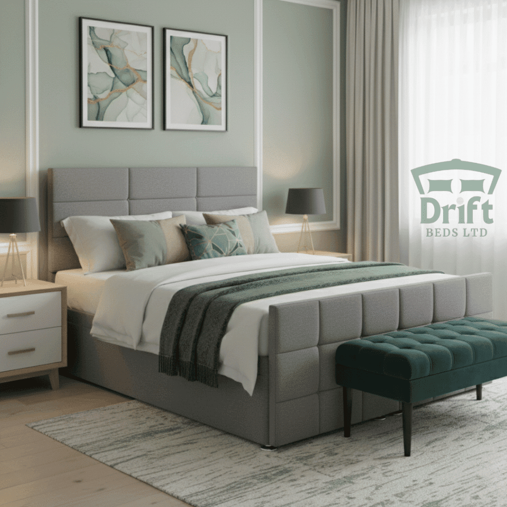 Full grey Durham Ottoman bed, cube paneling, emphasizing massive internal storage capacity.