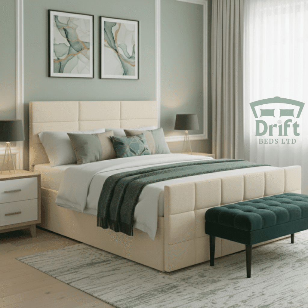 Cream upholstered Durham Ottoman bed, elegant design, ready to lift and reveal a large hidden storage compartment.