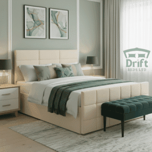 Cream upholstered Durham Ottoman bed, elegant design, ready to lift and reveal a large hidden storage compartment.