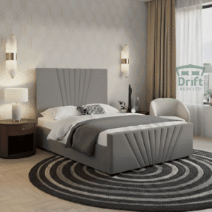 Full Chic Grey Gisborne Divan bed, showcasing the Art Deco fan-pleated headboard and footboard.