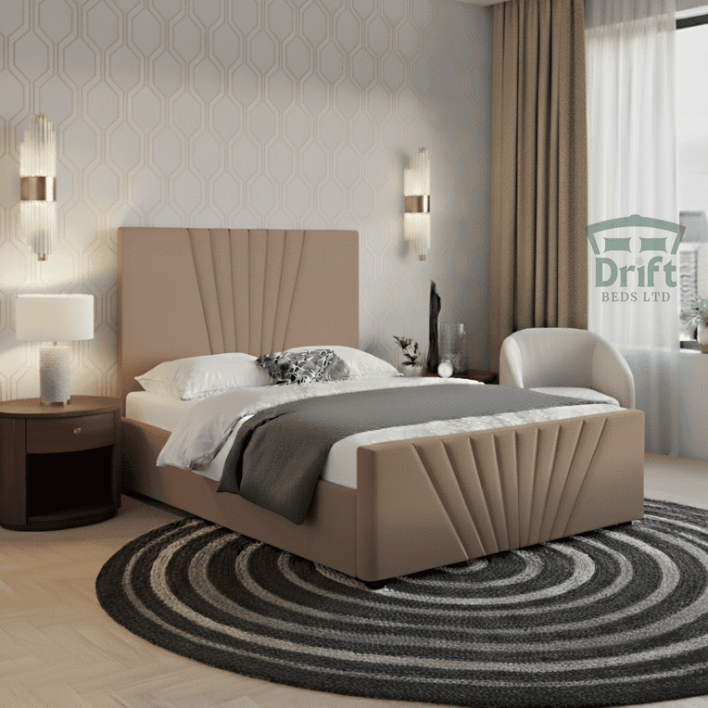 Full Warm Mink/Taupe Gisborne Divan bed, highlighting the rich colour and the striking fan-pleat headboard design.