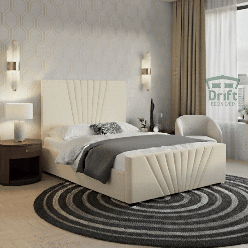 Full Classic Cream Gisborne Divan bed, providing a bright aesthetic and showcasing the fan-pleated structure.