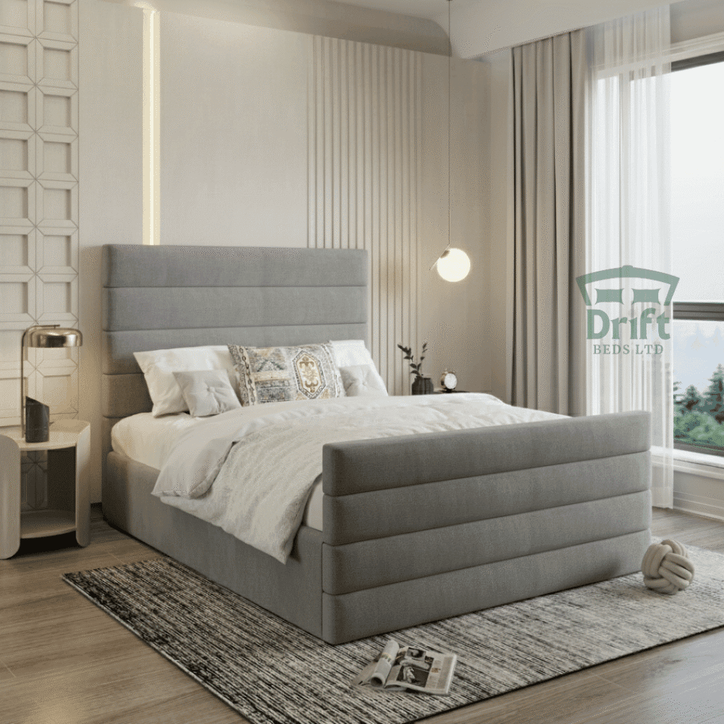 Full Light Grey Mallard Divan bed, emphasizing the modern horizontal panel stitching and solid base structure.