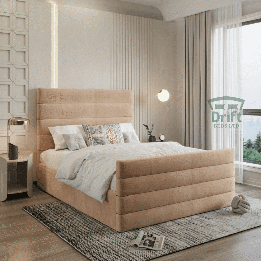 Full Warm Mink/Beige Mallard Divan bed, showcasing the horizontal channel design on the headboard and footboard.