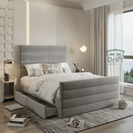 Grey Mallard Divan bed with one drawer open, highlighting the easy-access under-bed drawer storage and the cushioned panel design.