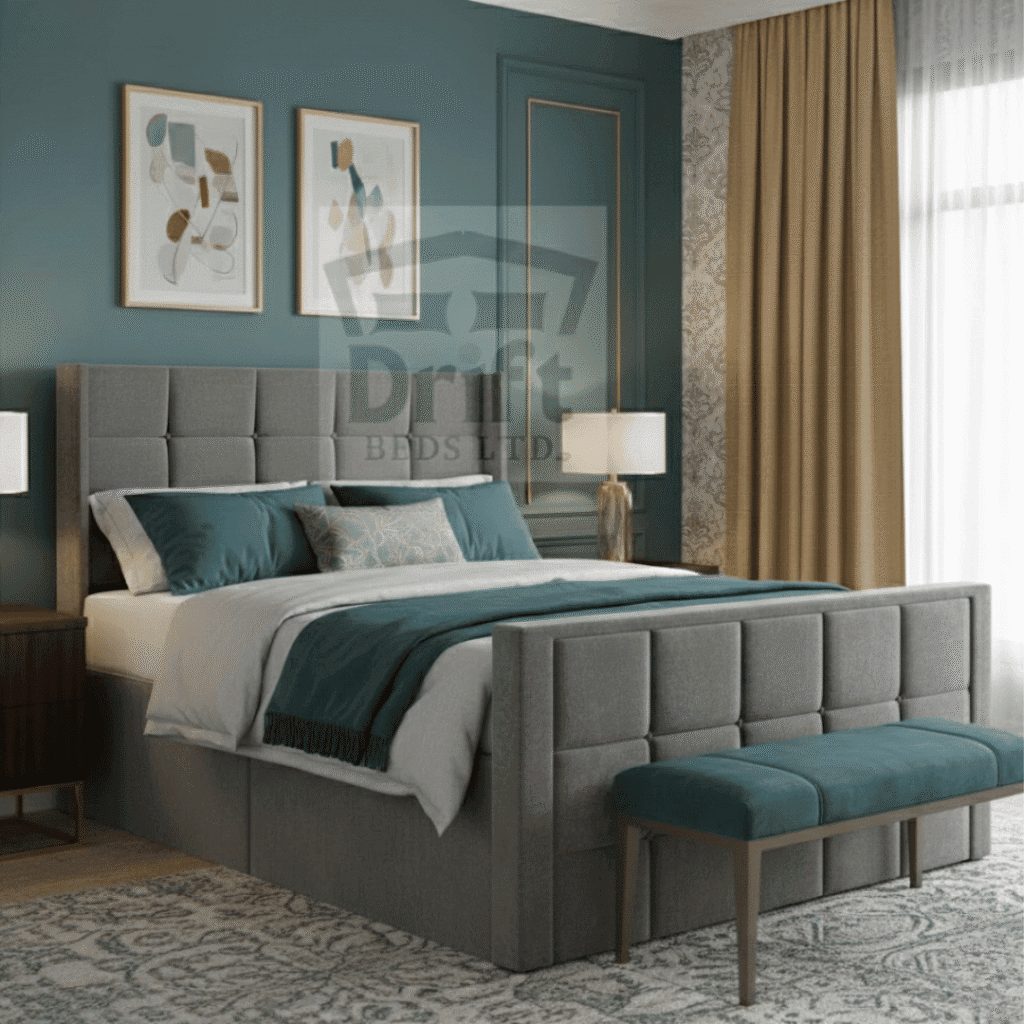 Full Grey Royal Wing Divan bed, cube paneling, highlighting drawer storage and durable weave fabric.