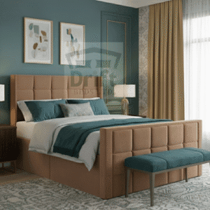 Full Mink/Brown Royal Wing Divan bed, highlighting the rich fabric texture, bold paneling, and supportive divan base structure.