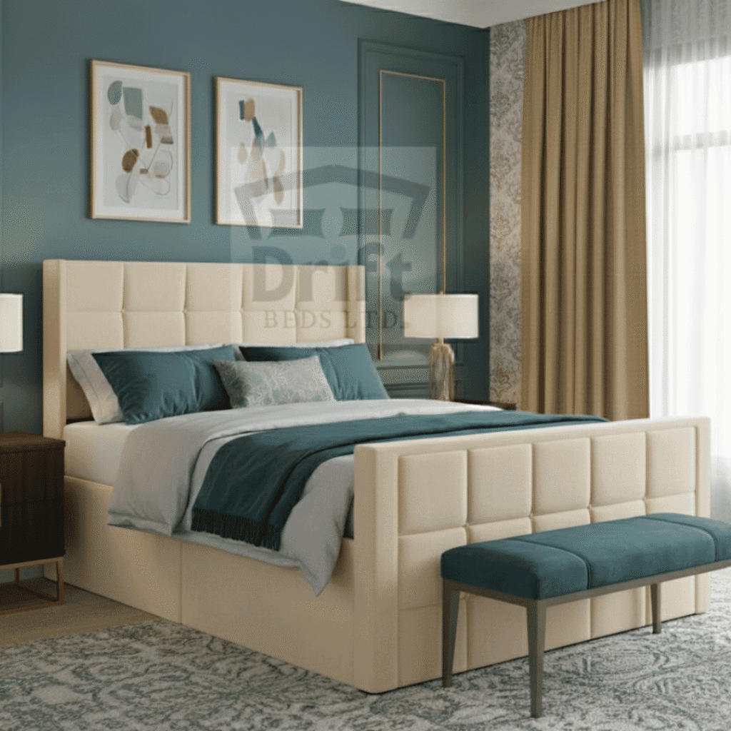 Full Cream/Beige Royal Wing Divan bed, providing a light, bright appearance, and emphasizing the solid, durable base.