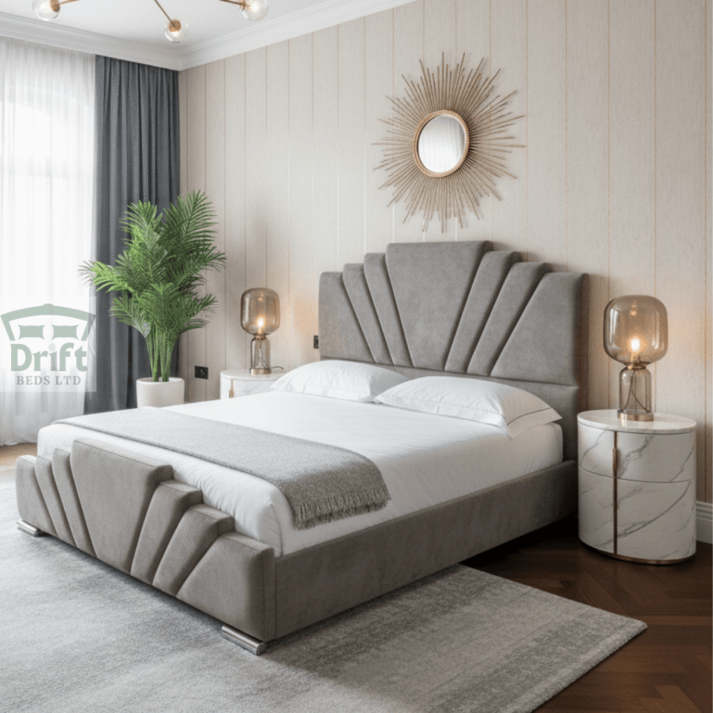 Grey Ancona bed with a fan-shaped Art Deco headboard.