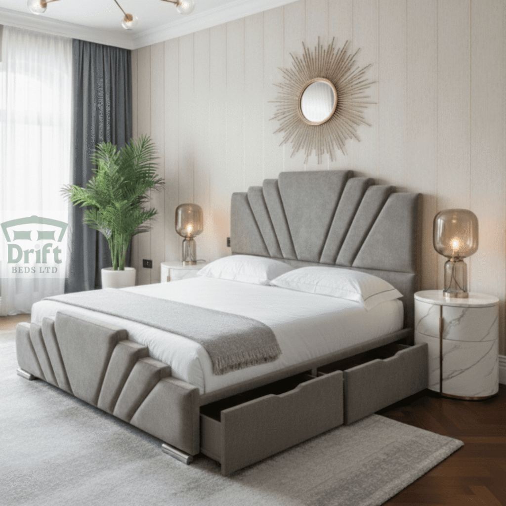 Grey Ancona divan bed with two open footend drawers.