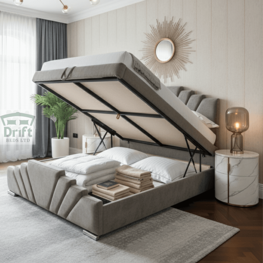 Grey Ancona ottoman bed lifted to show large under-bed storage.