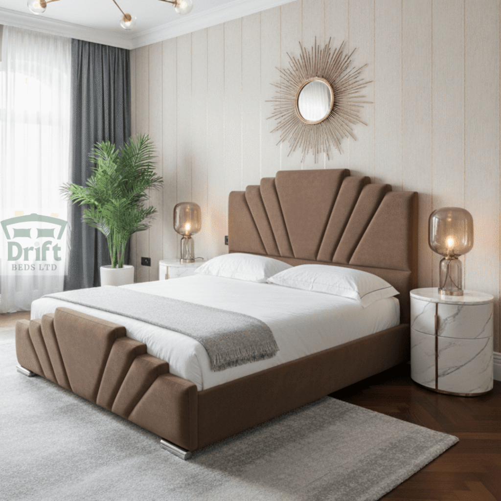 Ancona bed frame upholstered in warm mink brown fabric.