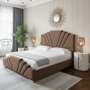 Ancona bed frame upholstered in warm mink brown fabric.