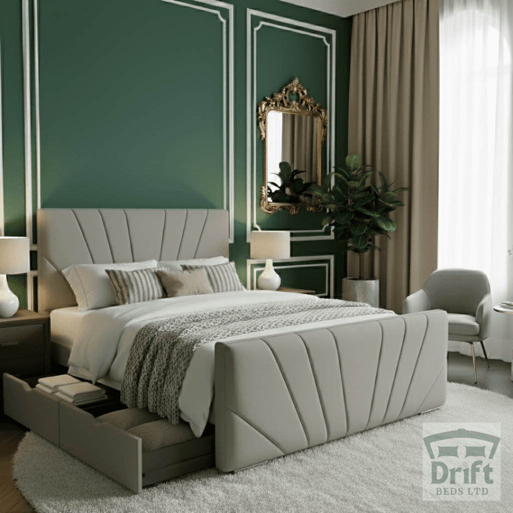 The Galaxy divan bed in Grey with its large jumbo end drawer pulled out, displaying its practical storage and unique angled panel design.