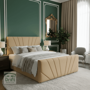 The stunning Galaxy bed frame in Cream, featuring its unique, artistic radiating panel pattern on its fully upholstered headboard and footboard.