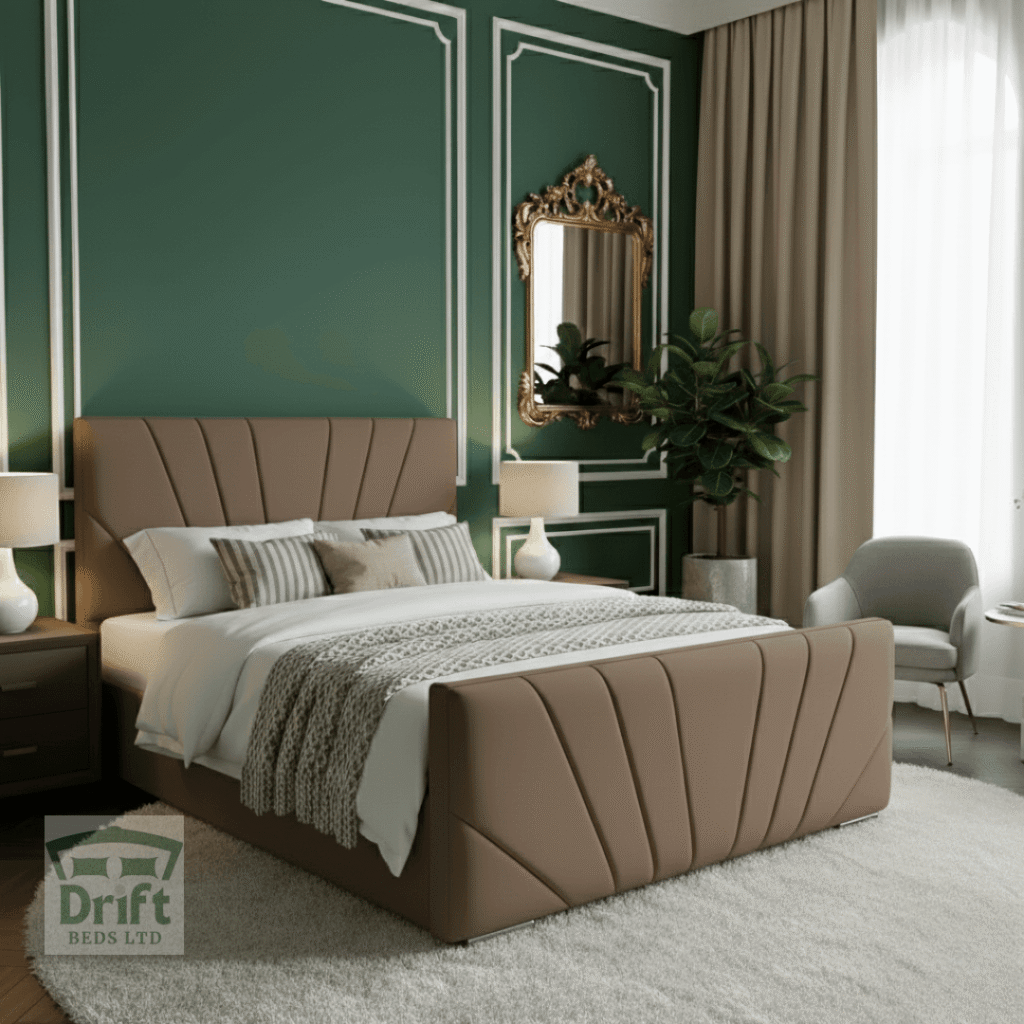 The stunning Galaxy bed frame in mink, featuring its unique, artistic radiating panel pattern on its fully upholstered headboard and footboard.