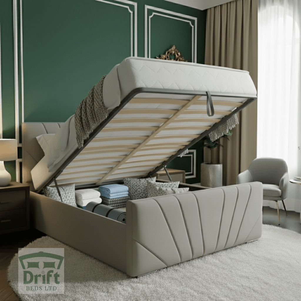 The Galaxy bed in Grey, with the mattress lifted up to reveal the spacious ottoman storage, showcasing its dynamic radiating panel design on the footboard.