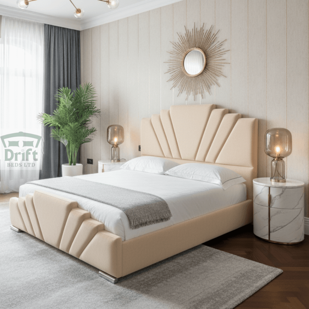 The luxurious Ancona ottoman bed in a bright cream fabric, with its mattress lifted to display a deep and hidden storage compartment.