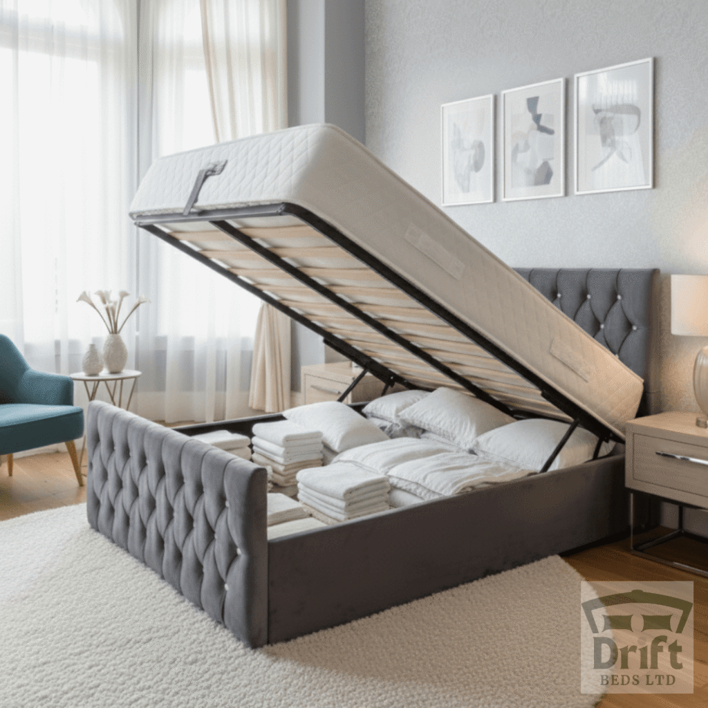 The luxurious Aspire ottoman bed in a deep charcoal grey velvet, with its mattress lifted to reveal a spacious, neatly organised under-bed storage compartment.