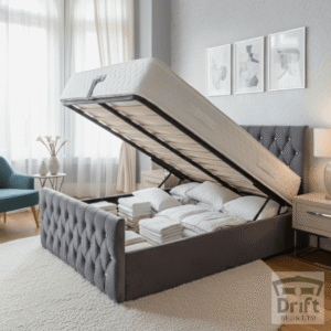 The luxurious Aspire ottoman bed in a deep charcoal grey velvet, with its mattress lifted to reveal a spacious, neatly organised under-bed storage compartment.