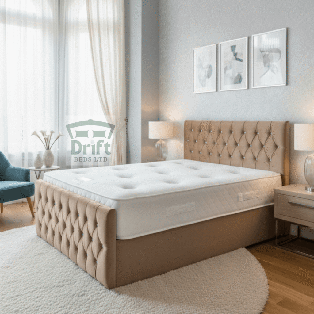 The Aspire Button-Tufted Mink Divan Bed Frame Modern Chesterfield Design The handsome Aspire divan bed in a deep mink velvet, highlighting its button-tufted frame and smart storage drawers.