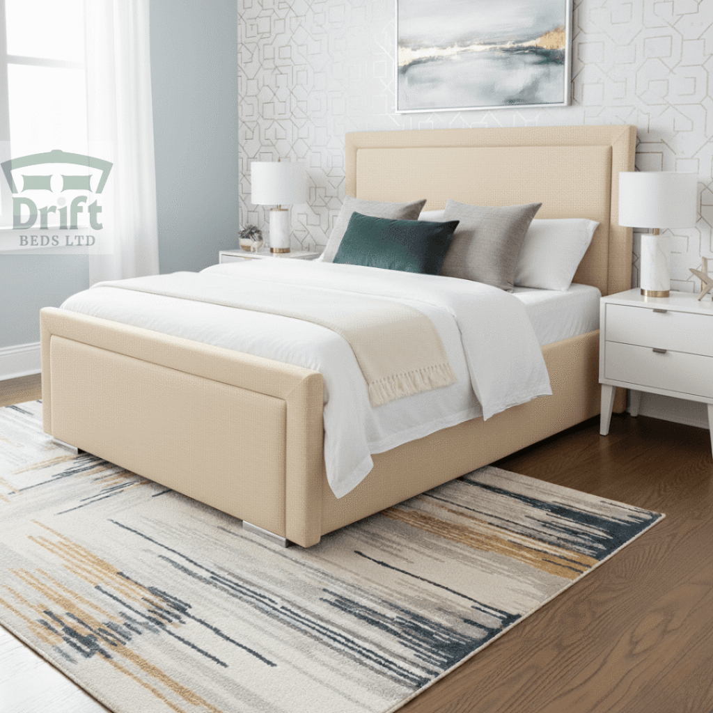 The Charlie Modern Upholstered Cream Divan Bed Frame Bordered Headboard The Charlie bed in a classic cream finish, demonstrating its timeless appeal and convenient foot-end drawer solution.