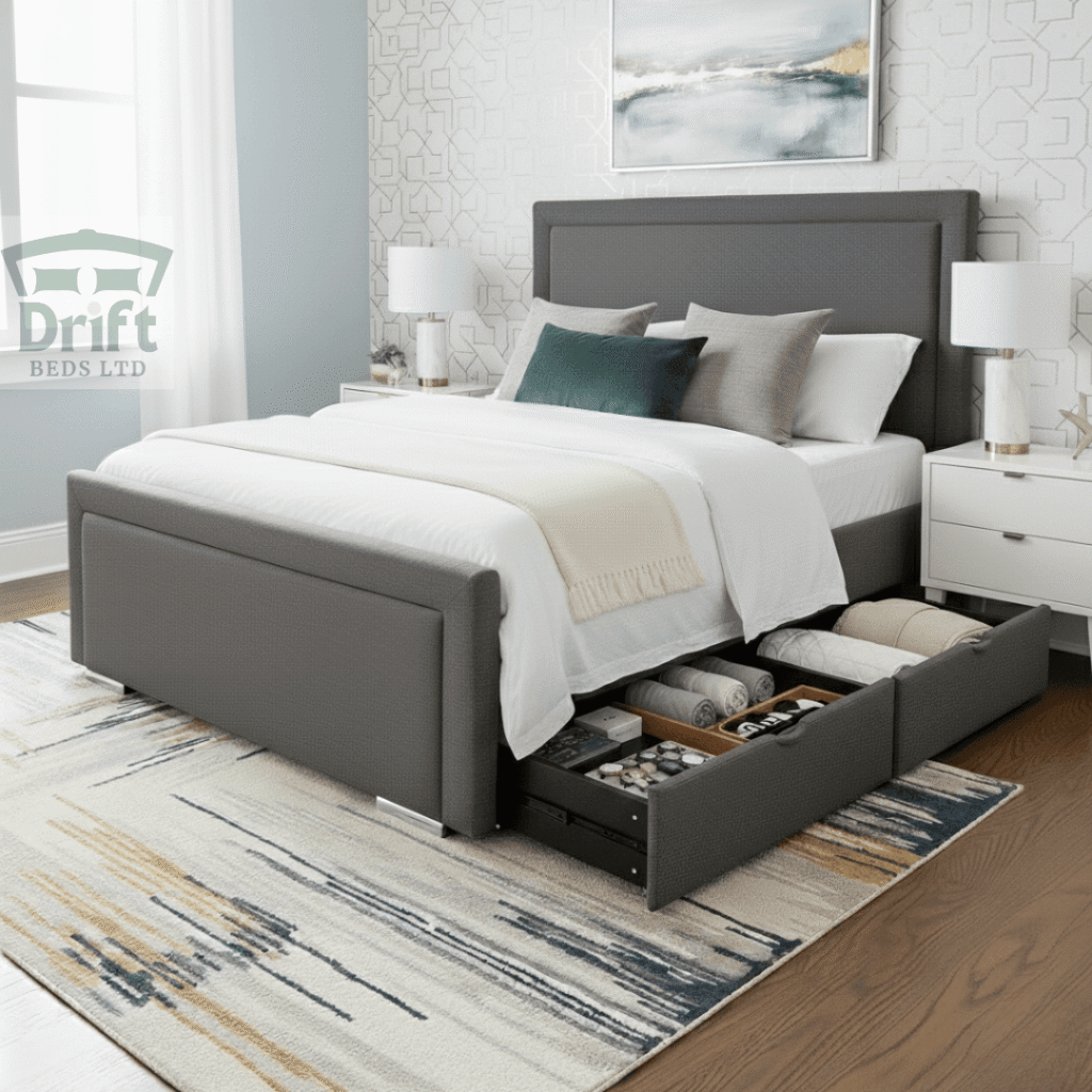 The Charlie bed in a sophisticated grey fabric, showcasing two large, seamlessly integrated drawers pulled out from the foot end, filled with organised items.