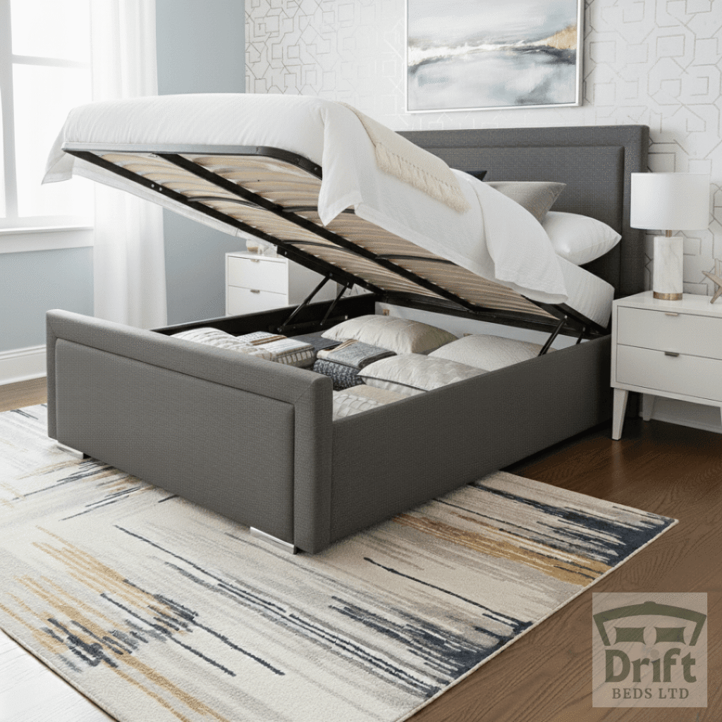 The minimalist Charlie ottoman bed in charcoal grey, with its mattress lifted to reveal a spacious, clutter-free storage area concealed within its clean-lined frame.
