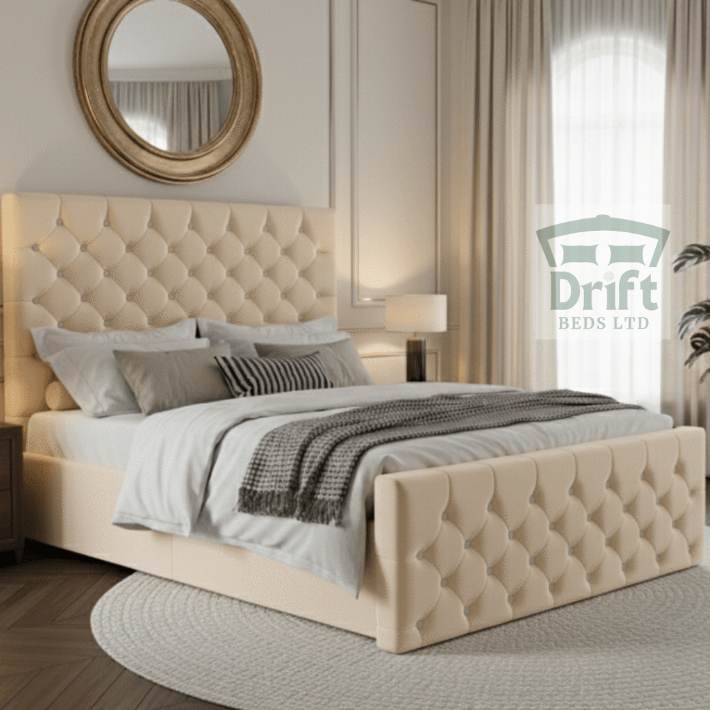 A close-up of the deep button-tufting on the footboard of The Chesterfield divan bed, featured in a timeless and classic cream fabric.