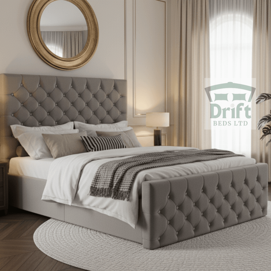 The Chesterfield divan bed presented in a chic grey fabric, with its practical under-bed storage drawers neatly integrated into the base.
