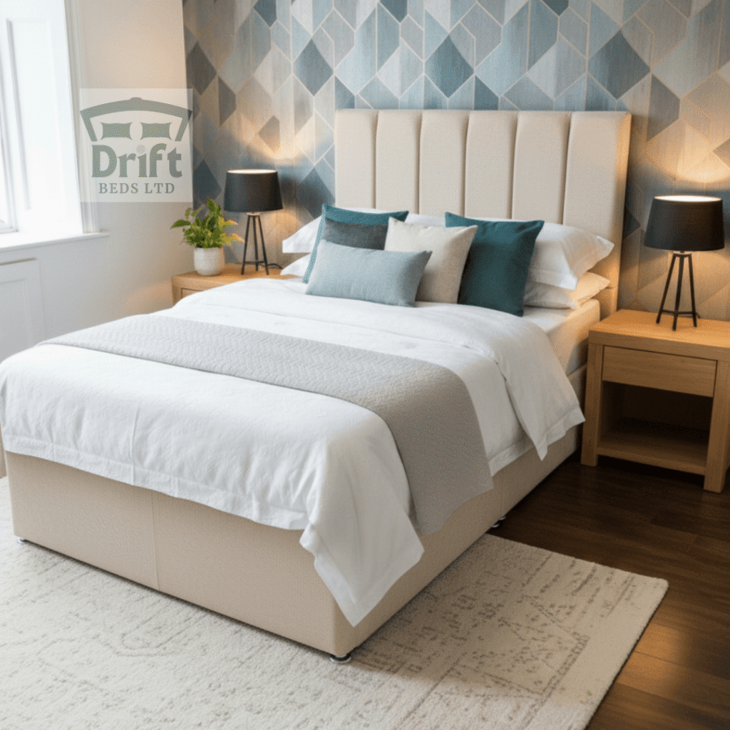 The sophisticated Clarence divan bed featured in a timeless and elegant cream fabric.