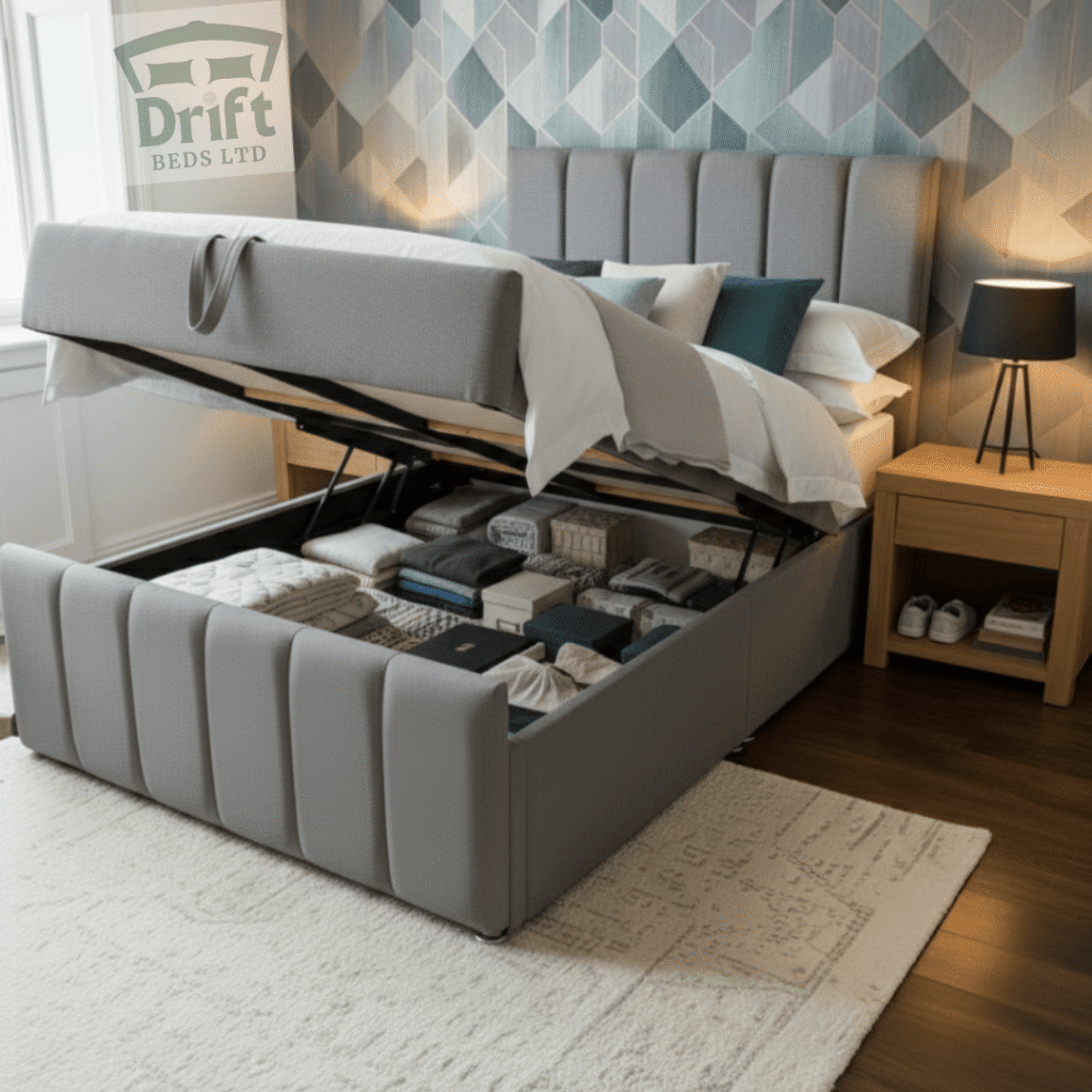 The stylish Clarence ottoman bed in a textured grey fabric, with the mattress lifted to reveal a spacious, fully-organised storage area within its matching panelled frame.