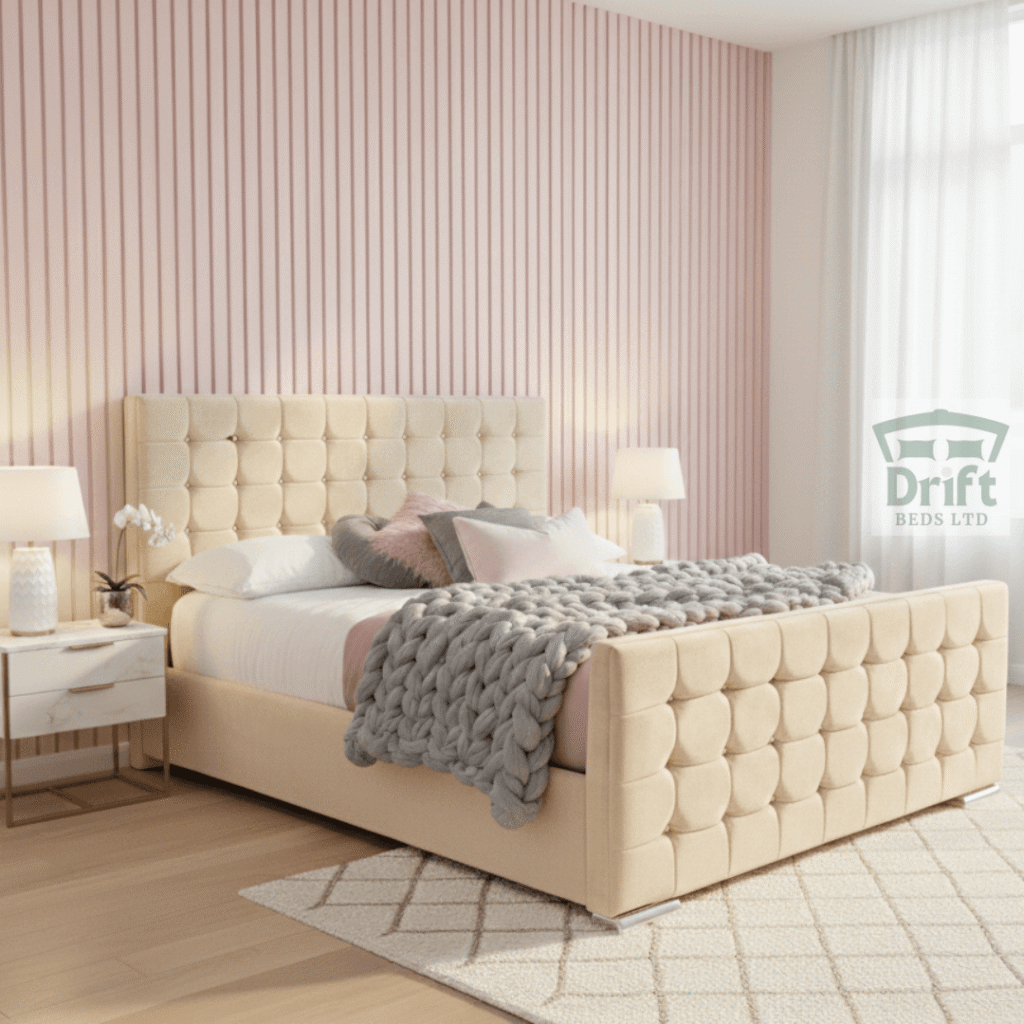 A sophisticated image of The Cube divan bed in a light cream, highlighting its unique tufted texture and smart drawer storage.