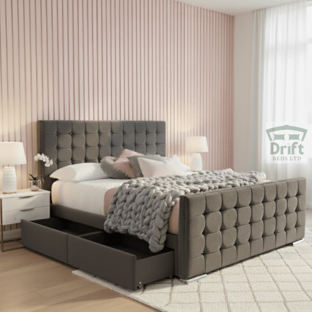 The Cube divan bed in a sophisticated grey fabric, with two large side drawers pulled out to reveal a seamless and convenient storage solution.