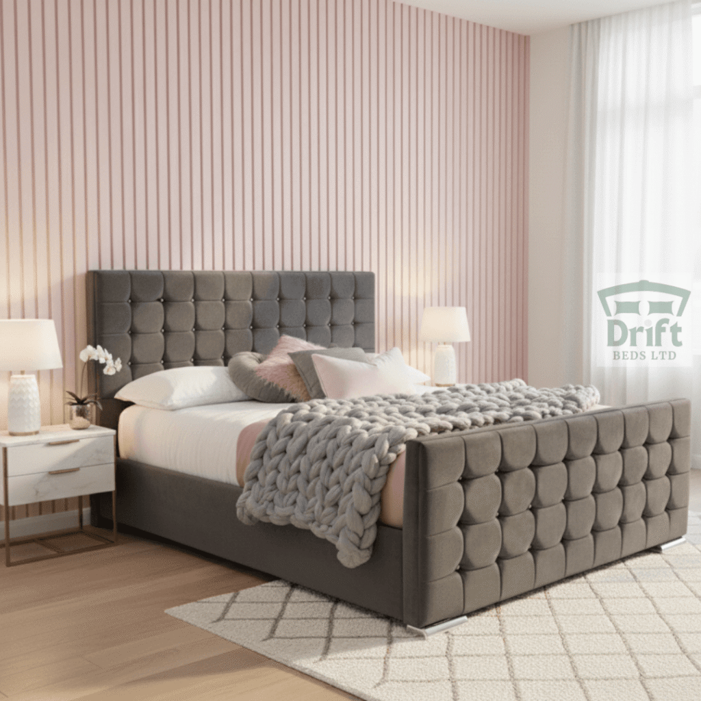 The Cube divan bed in a sleek grey finish, showing the deep drawers that offer ample and convenient bedroom storage.