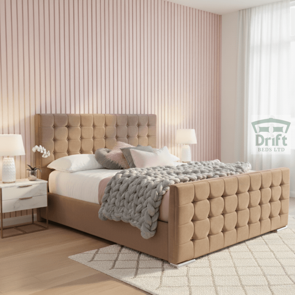 The Cube Upholstered Mink Divan Bed Frame Modern Cube Tufted Design The Cube divan bed in a classic mink finish, showcasing its clean, geometric design and integrated storage drawers.