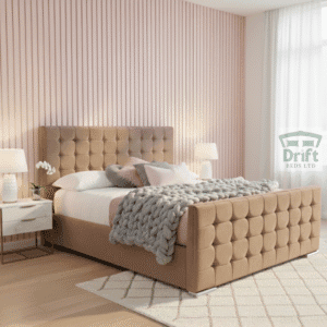 The Cube divan bed in a classic mink finish, showcasing its clean, geometric design and integrated storage drawers.