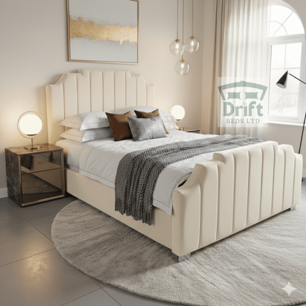 A detailed view of the scrolled footboard on The Empress divan bed, featured in a timeless and elegant cream fabric.