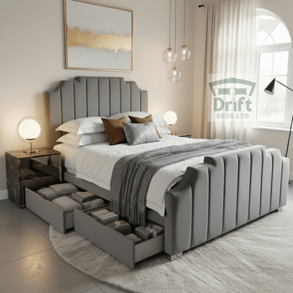 The Empress Art Deco Sleigh Divan Bed Fluted Panel Design The elegant Empress divan bed in a sophisticated grey fabric, with two large, integrated side drawers pulled open to reveal their ample storage capacity.