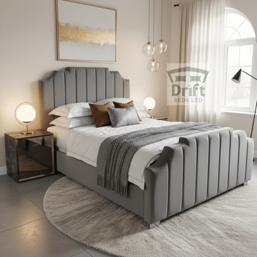 The Empress divan bed presented in a versatile grey upholstery, showcasing its elegant curves and practical side-storage drawers.