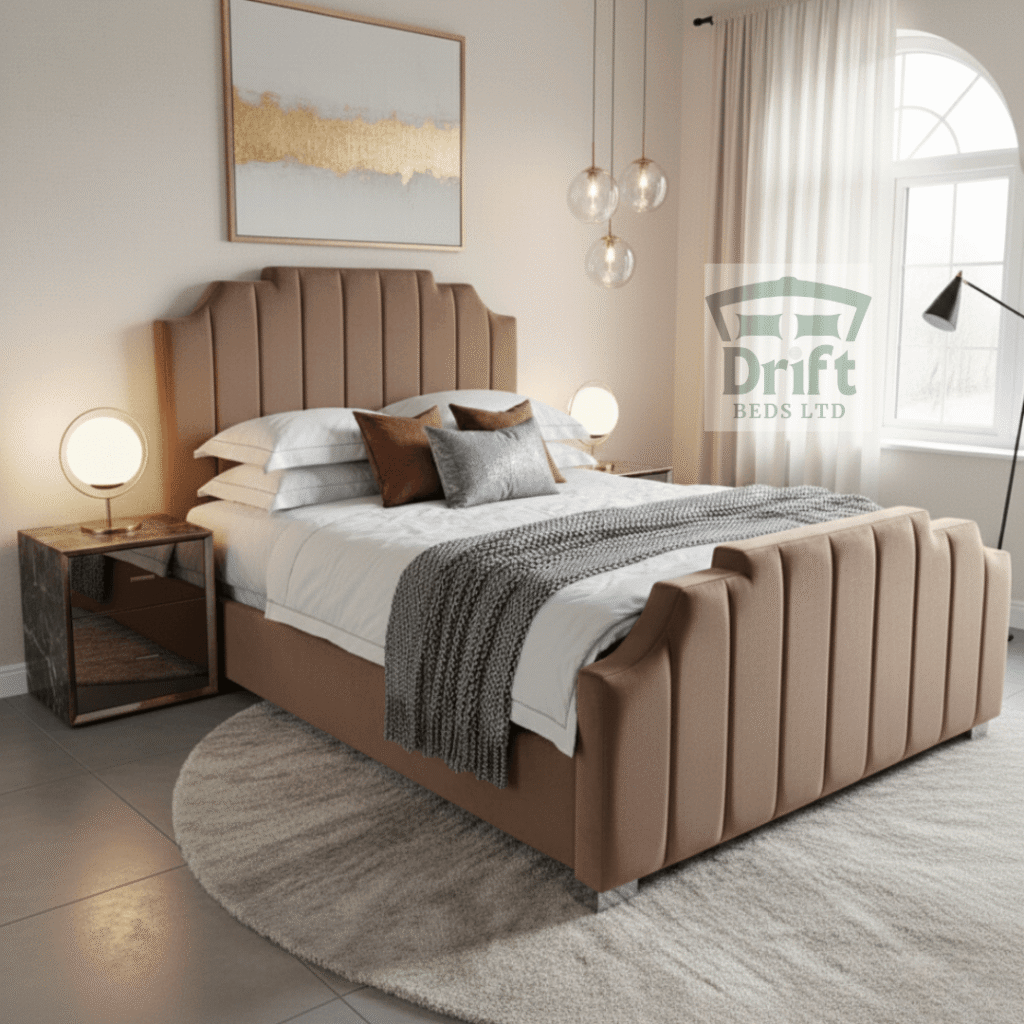 The luxurious Empress divan bed in a soft mink fabric, emphasizing its glamorous Art Deco silhouette and scrolled footboard.