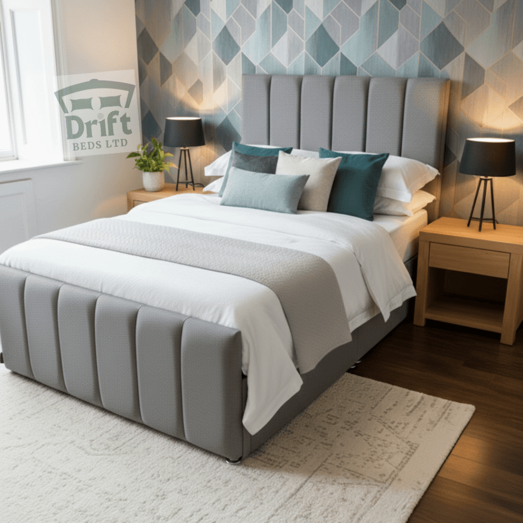 The Ottoman Clarence Divan Bed in Grey The stylish Clarence headboard in grey paired with a functional ottoman divan base, lifted to showcase its expansive storage.