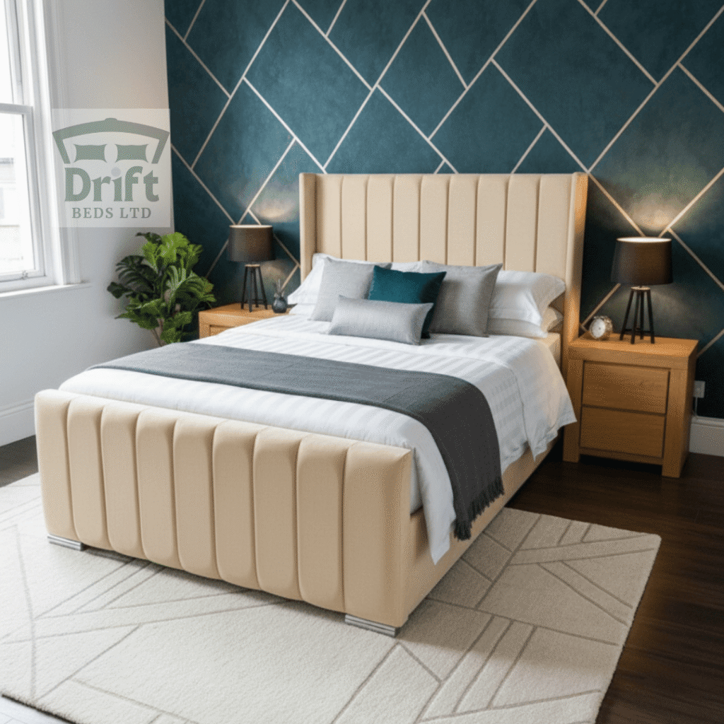 The luxurious Clarence Wingback ottoman bed in a bright cream velvet, with its mattress lifted to display a deep and hidden storage area.