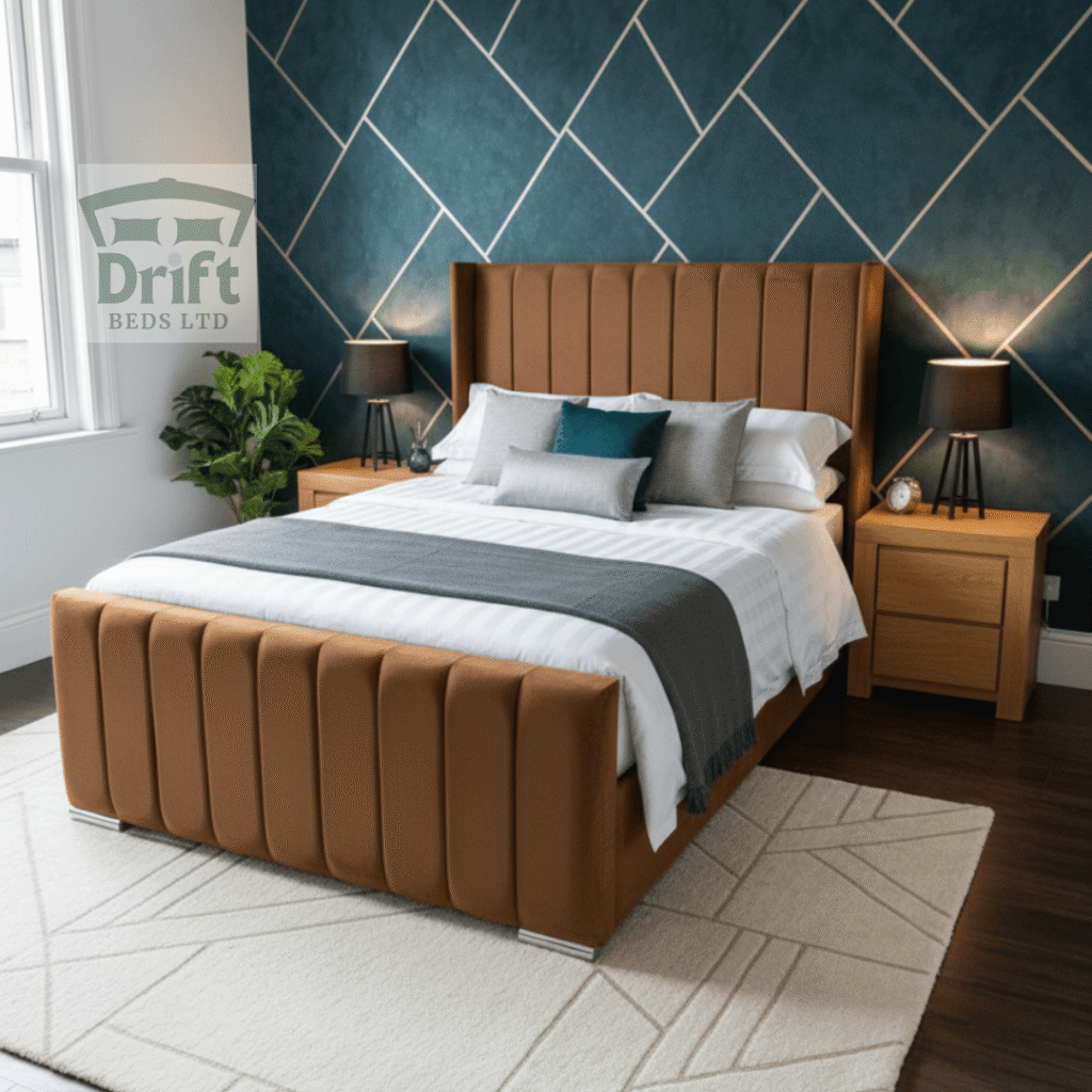 The elegant Clarence Wingback ottoman bed in a warm mink fabric, with its base raised to display a generous storage area.