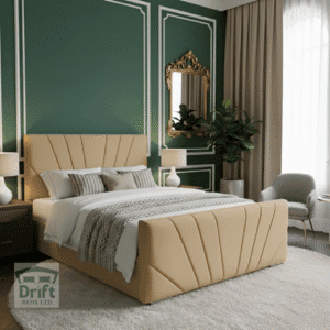 The opulent Galaxy ottoman bed in a luxurious cream fabric, with its mattress lifted to display a generous and hidden storage area.