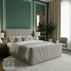 The chic Galaxy ottoman bed in a contemporary light grey, with its base raised to showcase the expansive internal storage compartment.