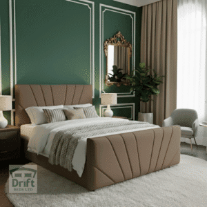 The glamorous Galaxy ottoman bed in a warm mink fabric, lifted to reveal its spacious and practical under-bed storage area.
